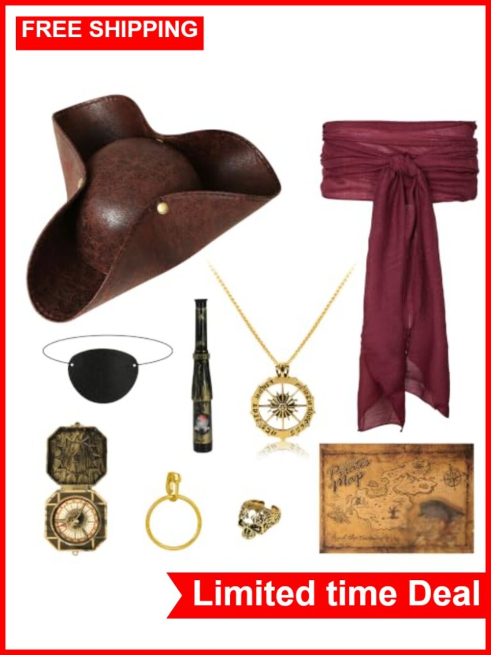 9-Piece Pirate Costume Accessories Set Adult Tricorn Hat Polyester